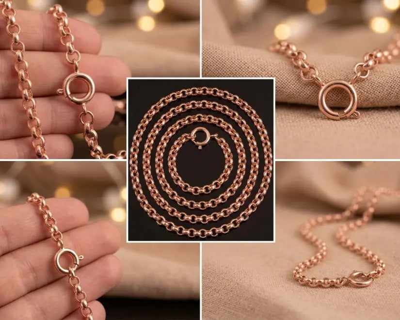 Rose gold chain necklace on a beige fabric background with close-up shots.