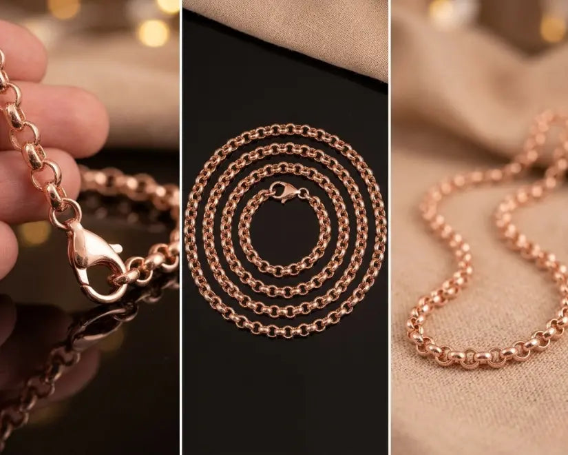 Rose gold chain necklace shown from different angles on a dark background.