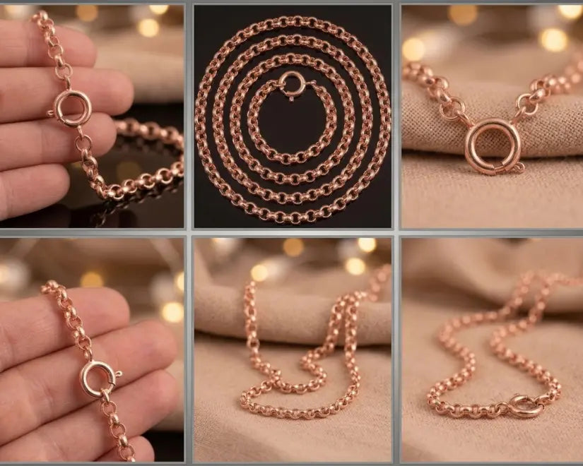 Rose gold chain necklace shown from multiple angles on a soft background