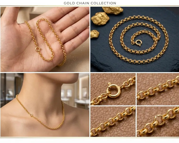 Gold chain collection with various views including close-up of chain, necklace on a hand, and on a mannequin.