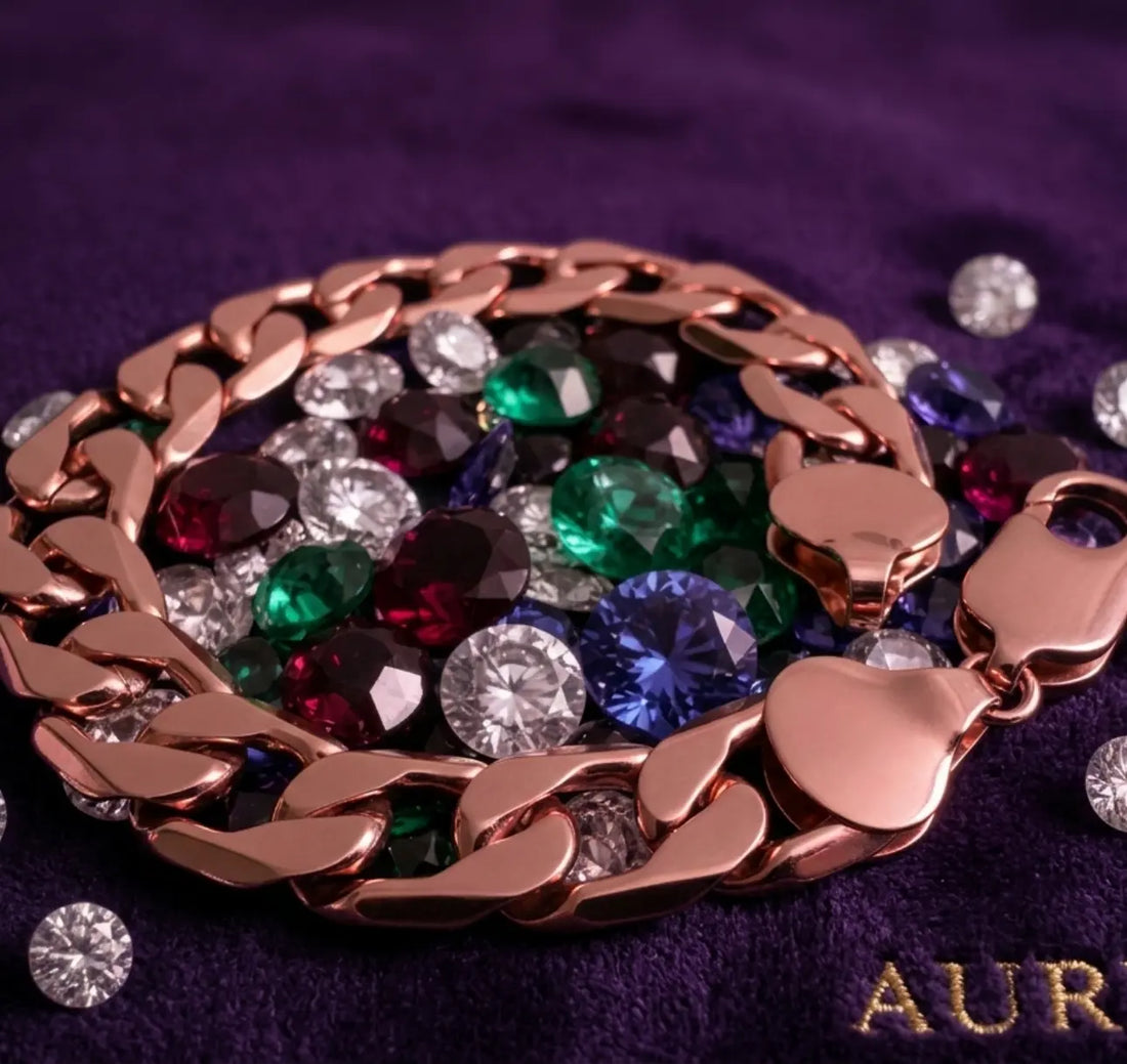 Rose gold chain bracelet with colorful gemstones on a purple fabric background