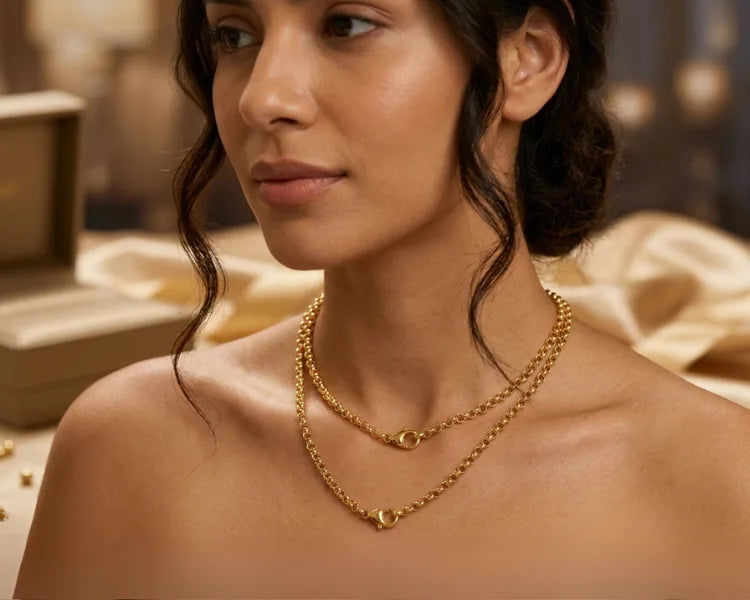 Woman wearing a gold necklace with a blurred background