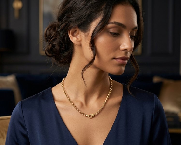 Gold chain bracelet on a beige surface with a soft focus background