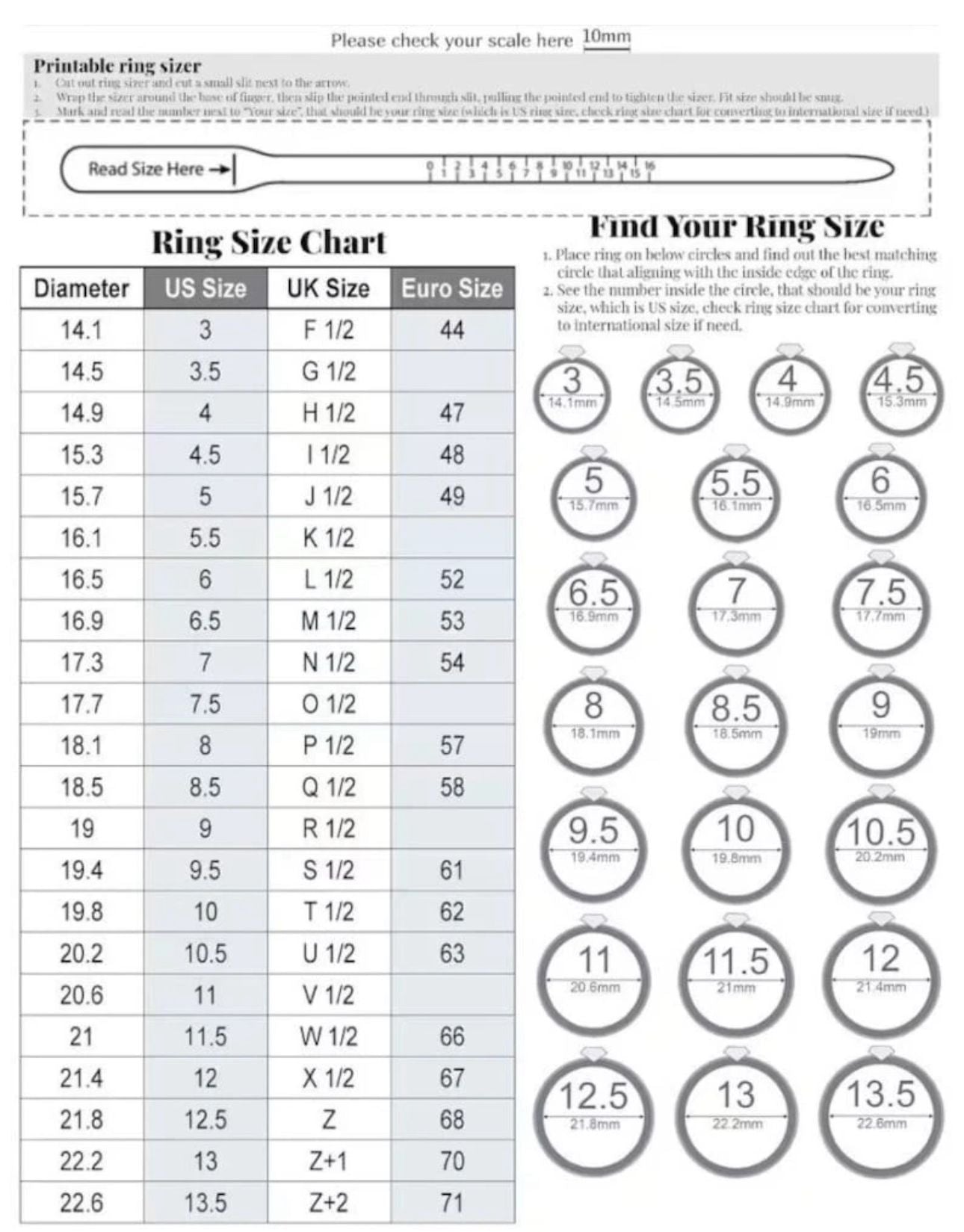 Ring size chart with measurements for different ring sizes.