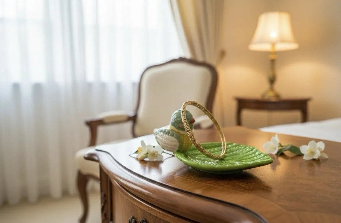 Decorative green plate with a basket on a wooden table in a room with curtains and a lamp.