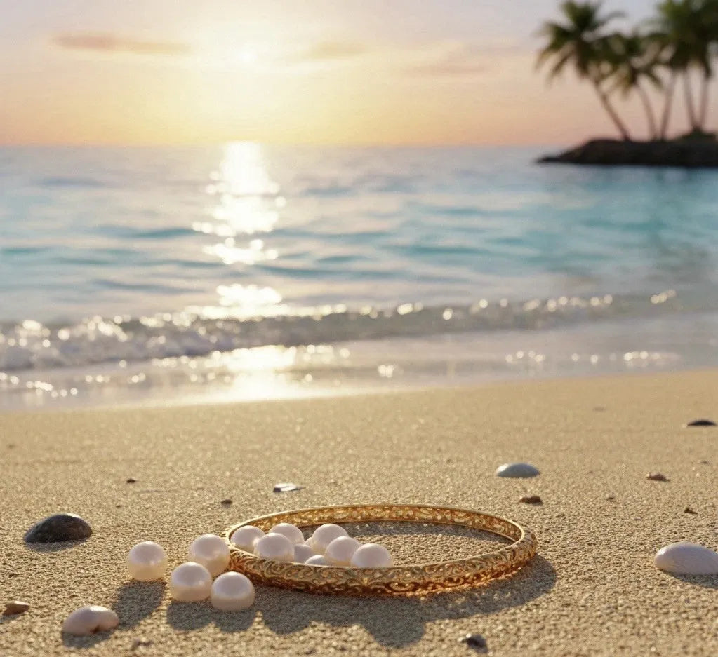 Gold bracelet with white pearls on a sandy beach at sunset