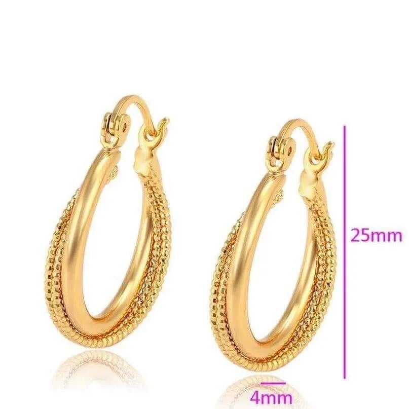 Gold hoop earrings with measurement details on a white background