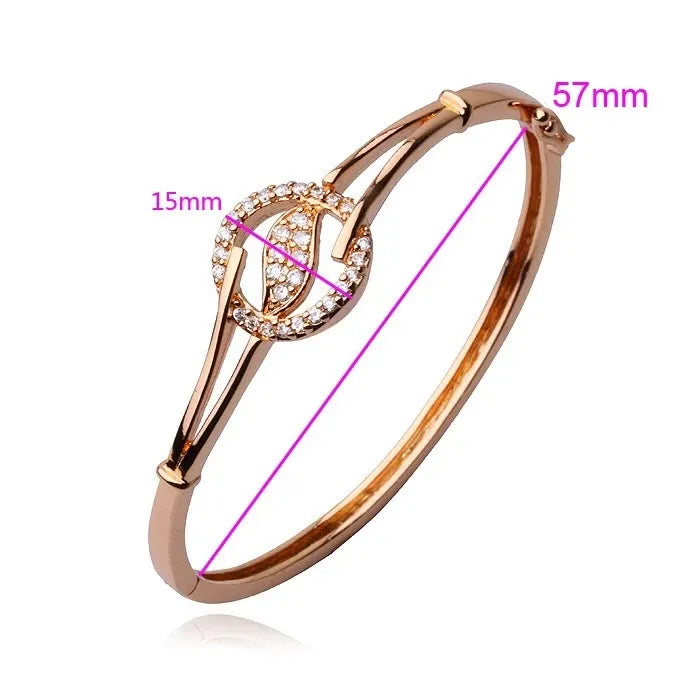Rose gold bracelet with measurements on a white background