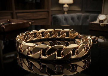 Gold chain bracelet on a reflective surface with a blurred background