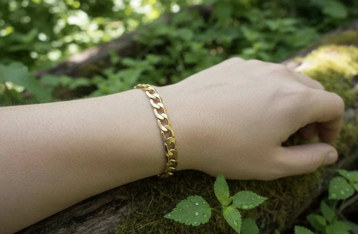  18k Yellow Gold Plated men's bracelet on a wrist 