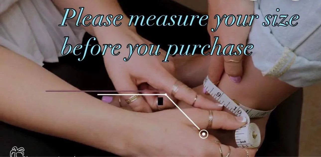 Person measuring another person's arm with a measuring tape, overlaid text 'Please measure your size before you purchase'.
