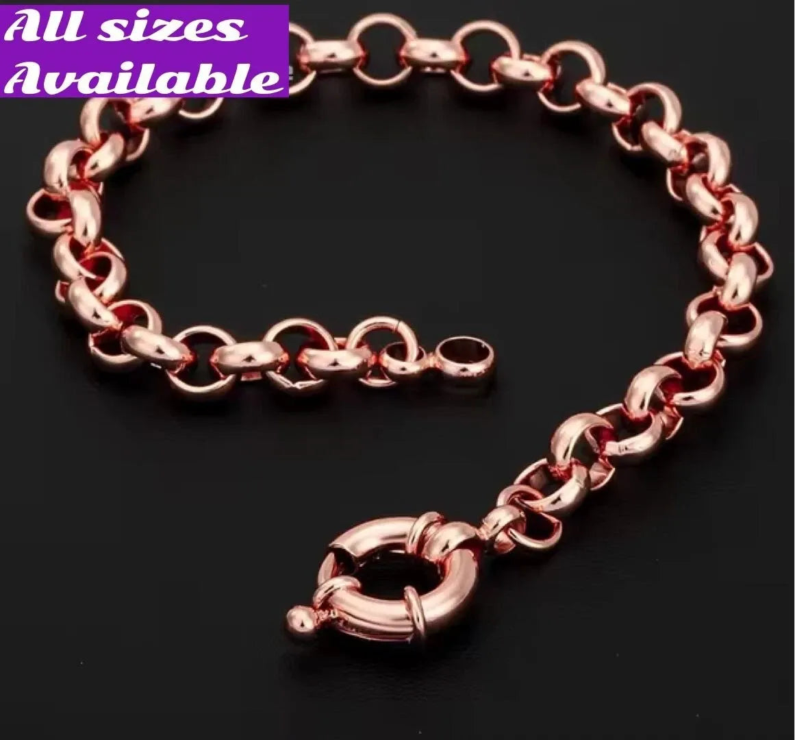 Rose gold chain bracelet on a black background with 'All sizes Available' text.