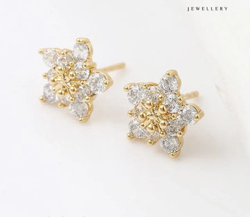 Gold and diamond earrings on a white background with 'Jewellery' text.