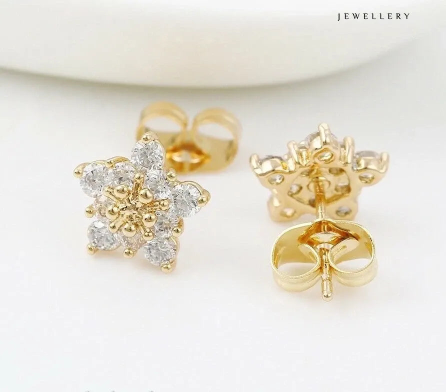 Gold earrings with diamond-like stones on a white background, labeled 'Jewellery'.