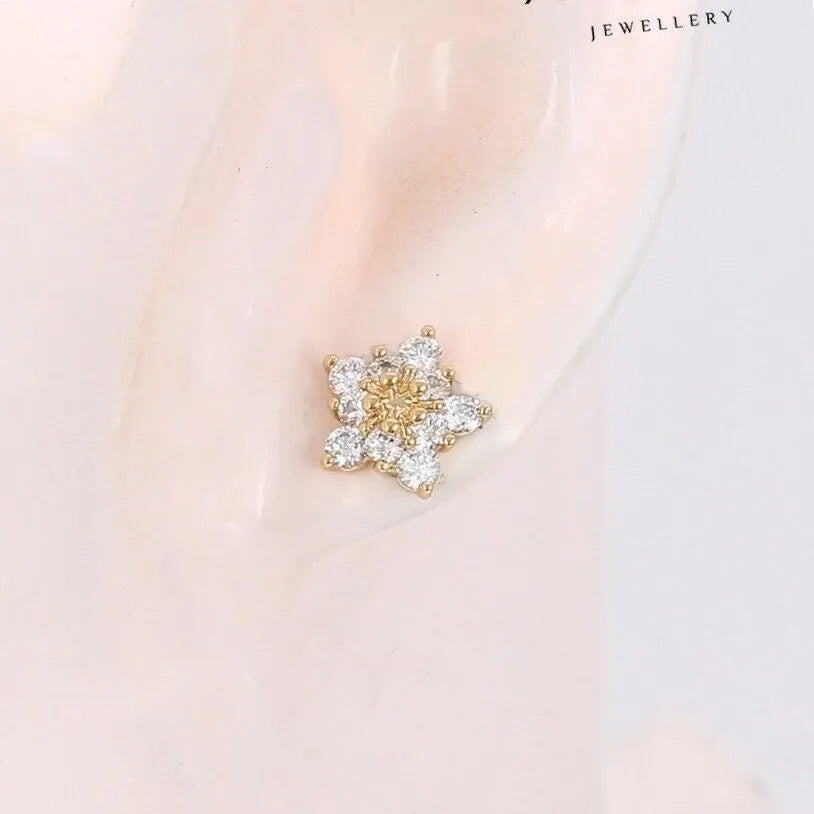 Gold and diamond earring on a mannequin ear with 'Jewellery' branding.