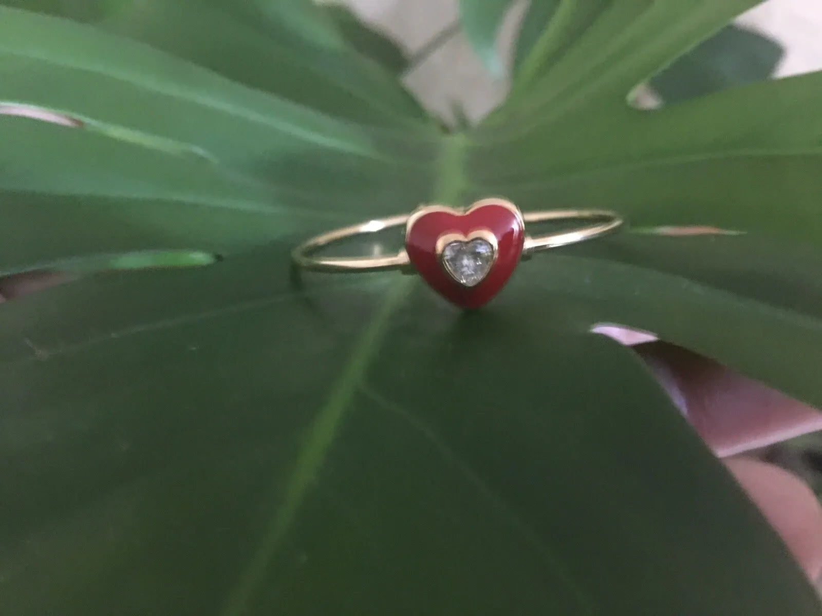 Gold ring with a red heart-shaped gemstone on a green leaf background