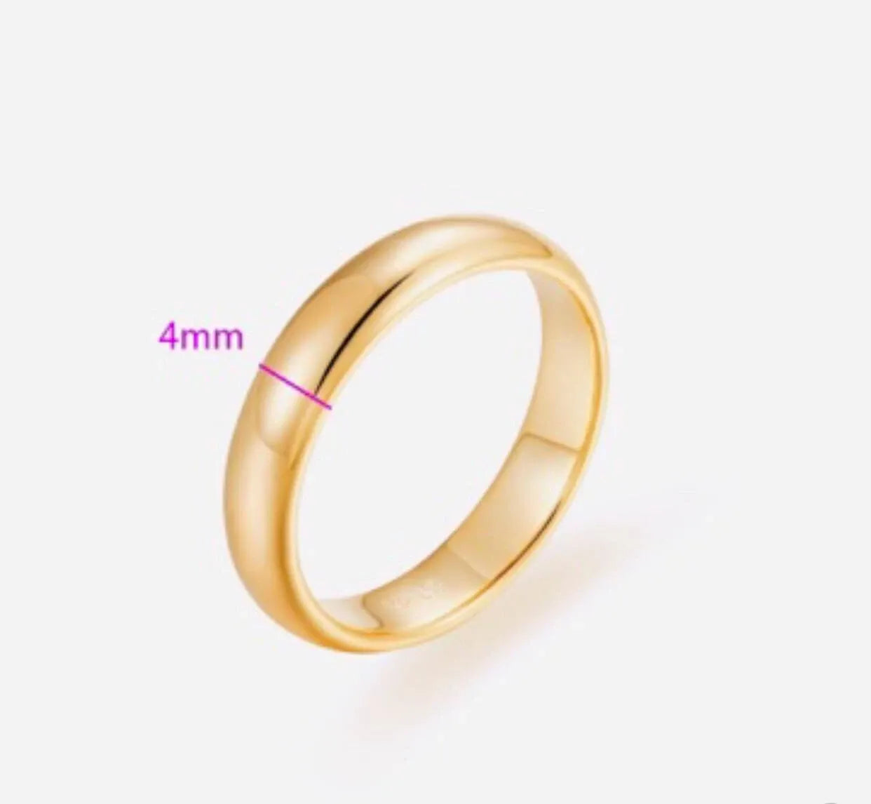 Gold ring with a width measurement of 4mm on a white background