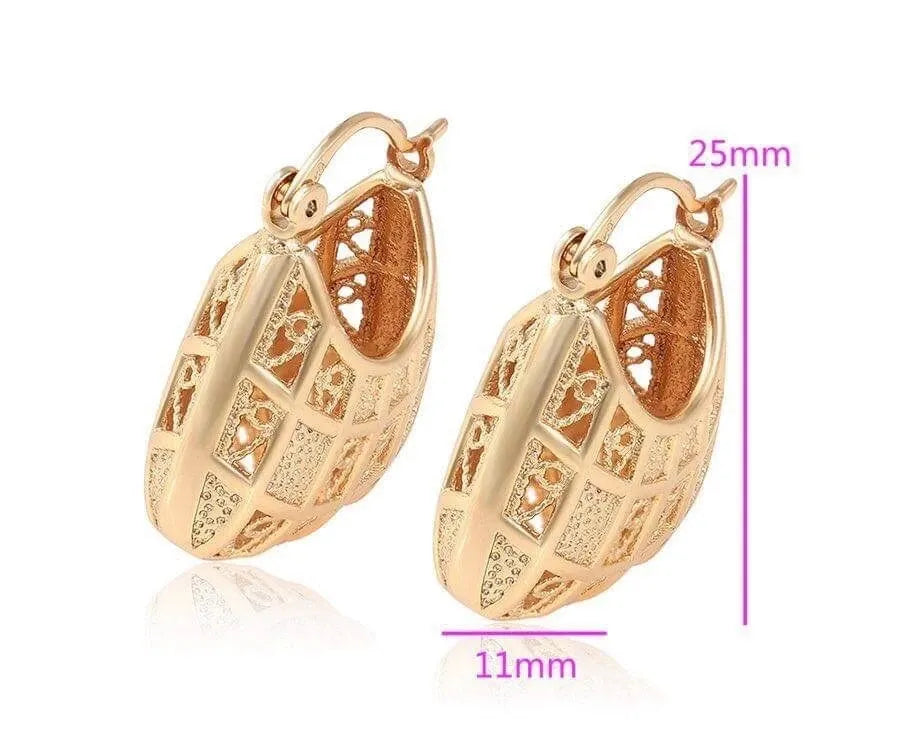 Rose gold hoop earrings with intricate design and measurements on a white background