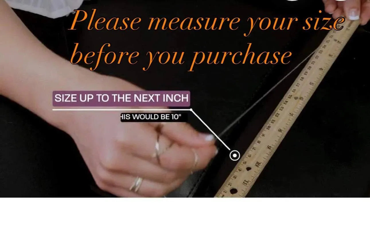 Measurement guide for shoe size with a ruler and hands holding it, text overlay.