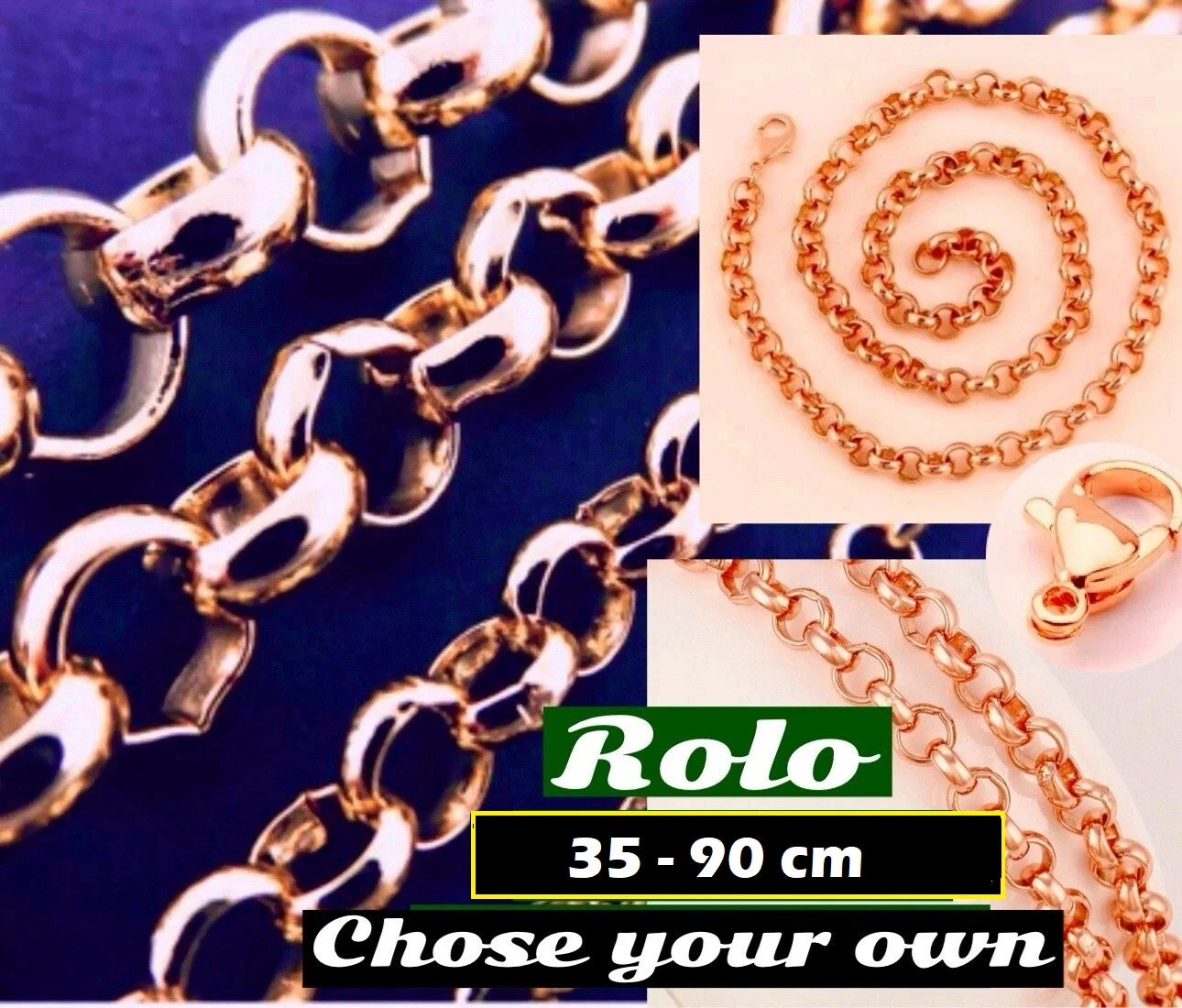 Gold chain with Rolo branding and product details on a blue background