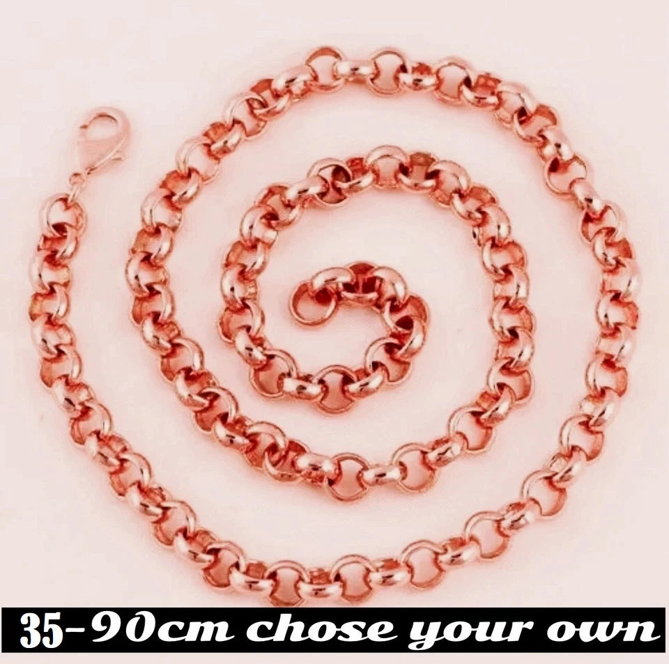 Rose gold chain necklace on a light pink background with text '35-90cm chose your own'.