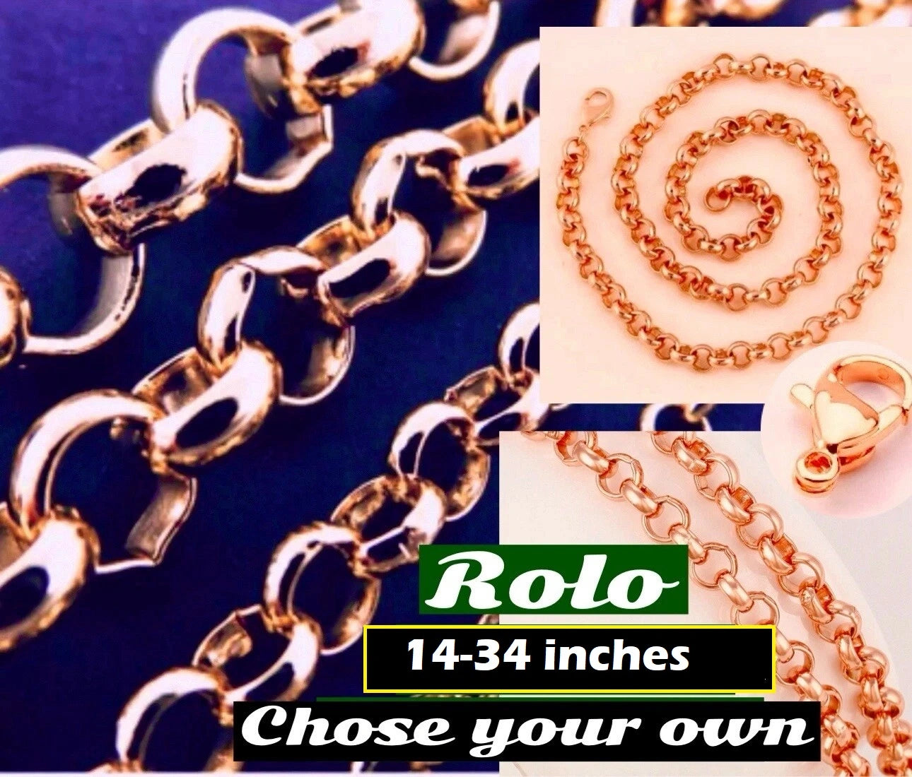 Gold chain with 'Rolo' branding and product details on a blue background