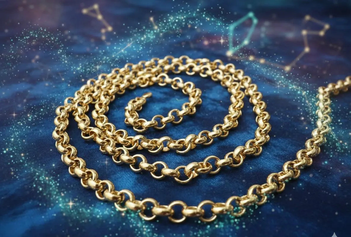 Gold chain on a blue background with star constellations